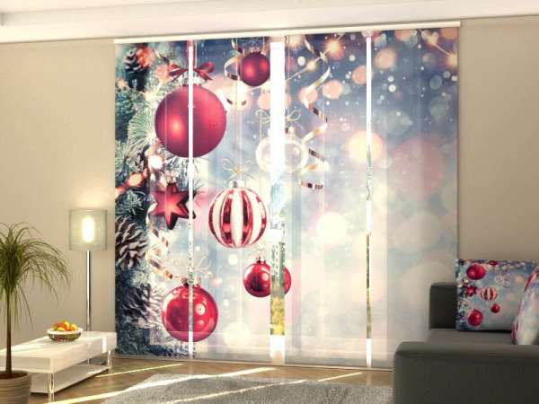 Schiebegardine (1-4 tlg.) ROTE WEIHNACHTSKUGELN UND ZAPFEN