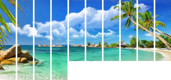 Schiebegardine "SOMMERSTRAND MIT PALMEN" / 4 Teile 40x210 cm + 6 Teile 40x160 cm / Blackout