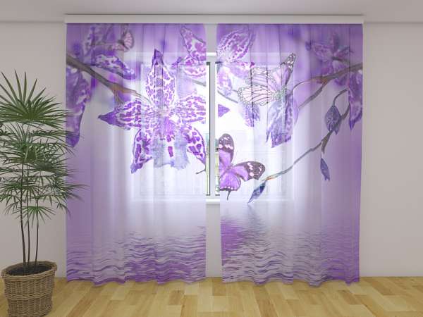 Gardine ''Steinturm Lila Orchidee" 135x245 cm Fotogardine Motiv Digitaldruck 