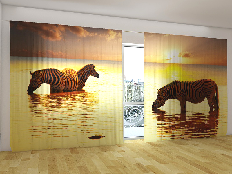 Fotogardinen Zebras am Wasser Fotovorhang Panorama Vorhang Gardinen 3D Fotodruck 